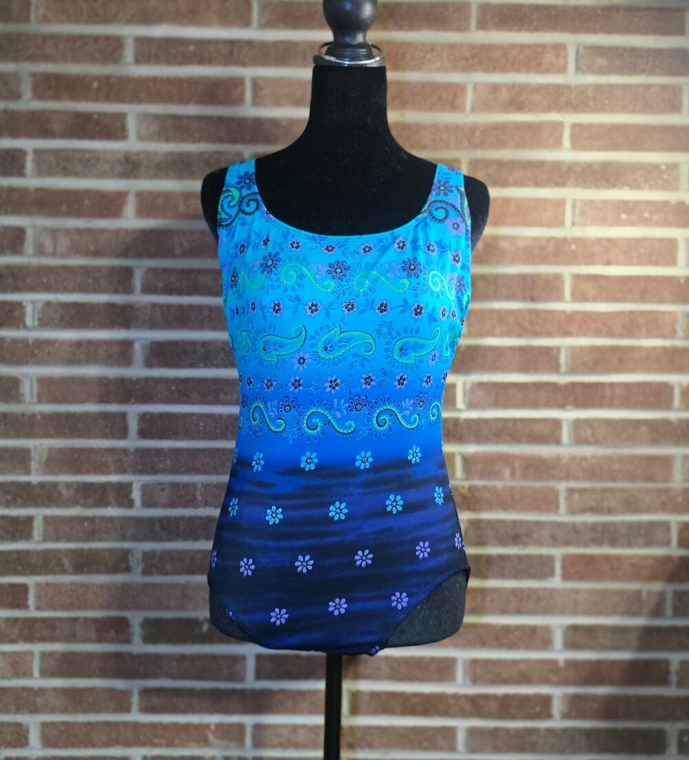 Robby Len Blue Teal Ombre Paisley Floral One Piece Swimsuit VTG Style LO2562